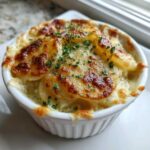 Close-up of a single serving of perfect scalloped potatoes recipe, baked golden brown and topped with parsley.