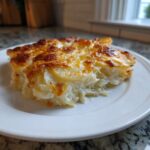 A close-up of two servings of creamy, cheesy Joanna Gaines scalloped potatoes recipe with a golden-brown, bubbly top.