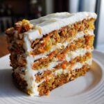 A tall, layered slice of hawaiian carrot pineapple cake with thick cream cheese frosting and nuts on top.