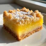A close-up of a single serving of bright yellow lemon crumb bars, topped with a crumble and powdered sugar.