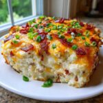 A generous slice of loaded mashed potato casserole topped with melted cheddar cheese, crispy bacon, and green onions.