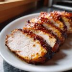 Close-up of sliced maple mustard pork tenderloin, showing the juicy interior and caramelized glaze.
