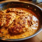Close-up of seared chicken breasts simmering in a rich, creamy, orange-hued sauce, perfect for a marry me chicken recipe.