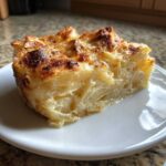 A perfect square serving of creamy martha stewart scalloped potatoes recipe with a golden-brown, bubbly top.