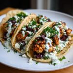 Three loaded mediterranean chicken tacos on a white plate, topped with feta, olives, and tzatziki sauce.