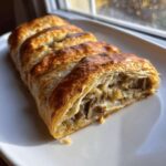 Close-up of a golden brown mushroom puff pastry braid slice showing flaky layers and rich mushroom filling.