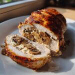 A golden-brown, roasted mushroom stuffed chicken breast sliced to reveal the creamy mushroom filling inside.