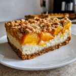 A close-up of a layered slice of peach cobbler cheesecake featuring a graham cracker crust, creamy filling, and peach topping with crumble.