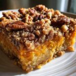 A close-up, mouthwatering slice of sweet potato casserole topped with brown sugar crumble and whole pecans.