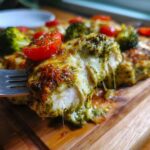 Close-up of a piece of juicy pesto chicken bake being lifted by a fork, showing melted cheese stretch.