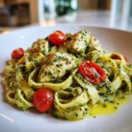 Close-up of creamy pesto chicken pasta featuring fettuccine, chunks of seasoned chicken, and bright red cherry tomatoes.