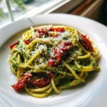 Close-up of delicious pesto pasta with sun dried tomatoes and grated Parmesan cheese on a white plate.