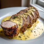 Perfectly sliced pork tenderloin with creamy dijon sauce drizzled over the top, served on a white plate.