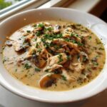 Close-up of creamy rotisserie chicken mushroom soup topped with shredded chicken, sliced mushrooms, and fresh parsley.