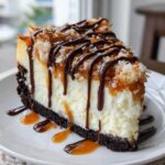 A close-up of a rich slice of Samoa Cheesecake topped with toasted coconut, caramel, and chocolate drizzle.