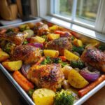 Crispy, golden-brown chicken thighs nestled among roasted potatoes, broccoli, carrots, and red onion in a sheet pan lemon herb chicken and vegetables.