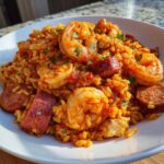 Close-up of flavorful shrimp and sausage jambalaya served in a white bowl, garnished with parsley.