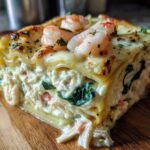 Close-up of a rich, creamy seafood lasagna slice topped with shrimp and parsley on a wooden board.