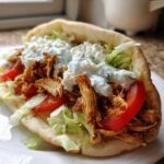 Close-up of a fully loaded pita bread sandwich filled with shredded slow cooker chicken gyros, lettuce, tomato, and tzatziki sauce.