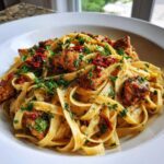 Close-up of a bowl of smoky garlic butter chicken pasta featuring fettuccine, seasoned chicken pieces, and fresh parsley garnish.