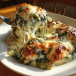 A fork lifts a portion of cheesy spinach artichoke chicken bake, showing a dramatic cheese pull.