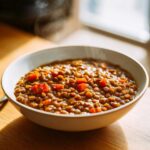 Close-up of a steaming white bowl filled with rich, brown hearty lentil stew featuring visible chunks of orange carrots.