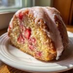 A close-up of a slice of strawberry honeybun cake, showing moist cake studded with strawberries and topped with a thick white glaze.