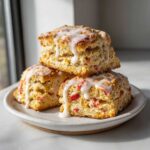 Three fluffy strawberry lemon cream scones stacked on a plate, drizzled with a thick white lemon glaze.