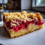 A close-up of a single serving of strawberry shortcake streusel bars showing the buttery crust, bright red berry filling, and crumbly topping.