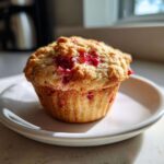 A close-up of a freshly baked strawberry yogurt muffin with a golden crumb top sitting on a white plate.