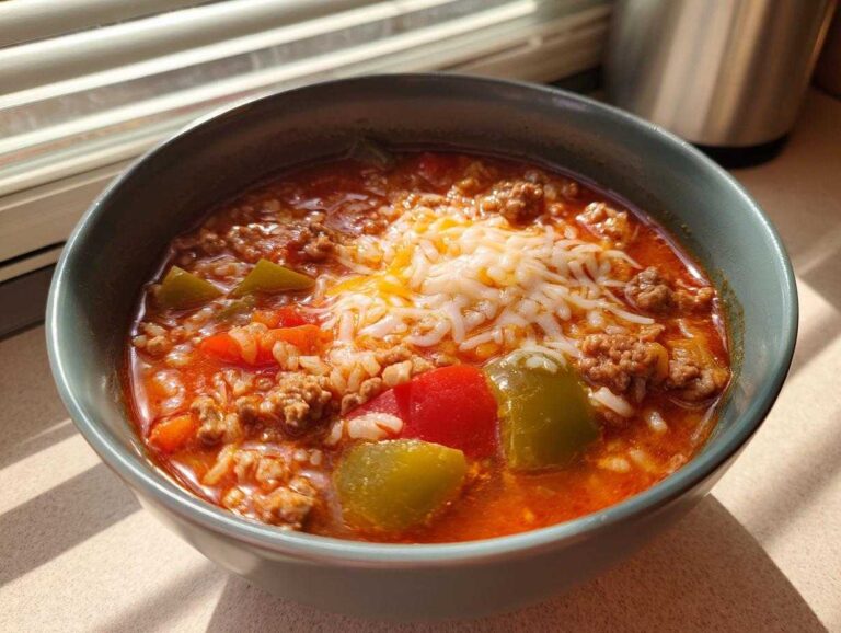 Close-up of a steaming bowl of stuffed pepper soup, featuring ground meat, rice, peppers, and topped with melted shredded cheese.