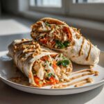 Two halves of a thai peanut chicken wrap filled with chicken, slaw, and drizzled with peanut sauce and chopped nuts.